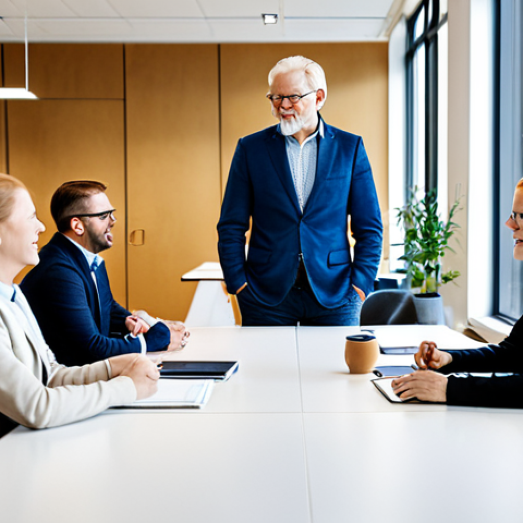 A diverse group of professionals of various ages and backgrounds, fully clothed in professional, modest attire, engaged in an open and dynamic collaborative discussion around a sleek, modern table in a bright, open-plan office in Stockholm. The environment features contemporary Scandinavian design, large windows, and subtle tech elements, symbolizing an innovative and psychologically safe Swedish workplace culture. The subjects display natural poses and expressions, demonstrating teamwork and mutual respect. perfect anatomy, correct proportions, well-formed hands, proper finger count, natural body proportions, safe for work, appropriate content, family-friendly, professional dress.