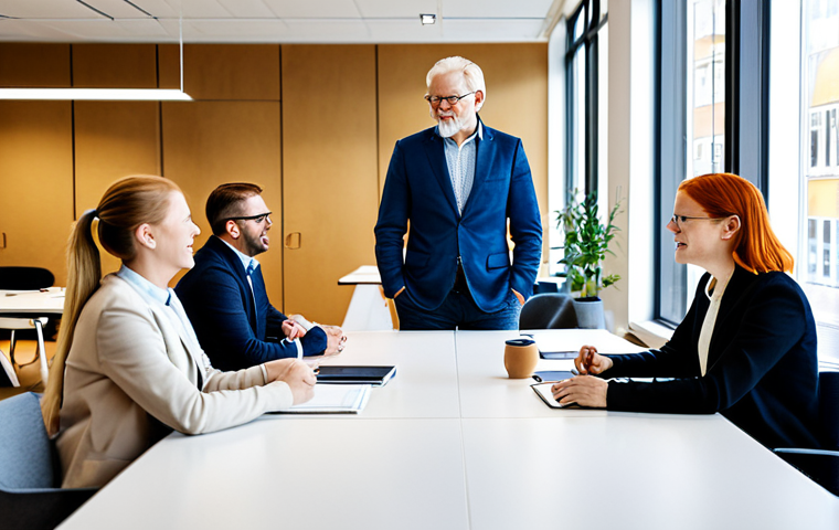 A diverse group of professionals of various ages and backgrounds, fully clothed in professional, modest attire, engaged in an open and dynamic collaborative discussion around a sleek, modern table in a bright, open-plan office in Stockholm. The environment features contemporary Scandinavian design, large windows, and subtle tech elements, symbolizing an innovative and psychologically safe Swedish workplace culture. The subjects display natural poses and expressions, demonstrating teamwork and mutual respect. perfect anatomy, correct proportions, well-formed hands, proper finger count, natural body proportions, safe for work, appropriate content, family-friendly, professional dress.