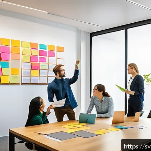 아이디어 생성 워크숍 후속 조치 방법 - A modern Scandinavian office meeting room with a diverse team of professionals collaborating around ...