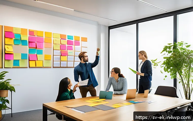 아이디어 생성 워크숍 후속 조치 방법 - A modern Scandinavian office meeting room with a diverse team of professionals collaborating around ...